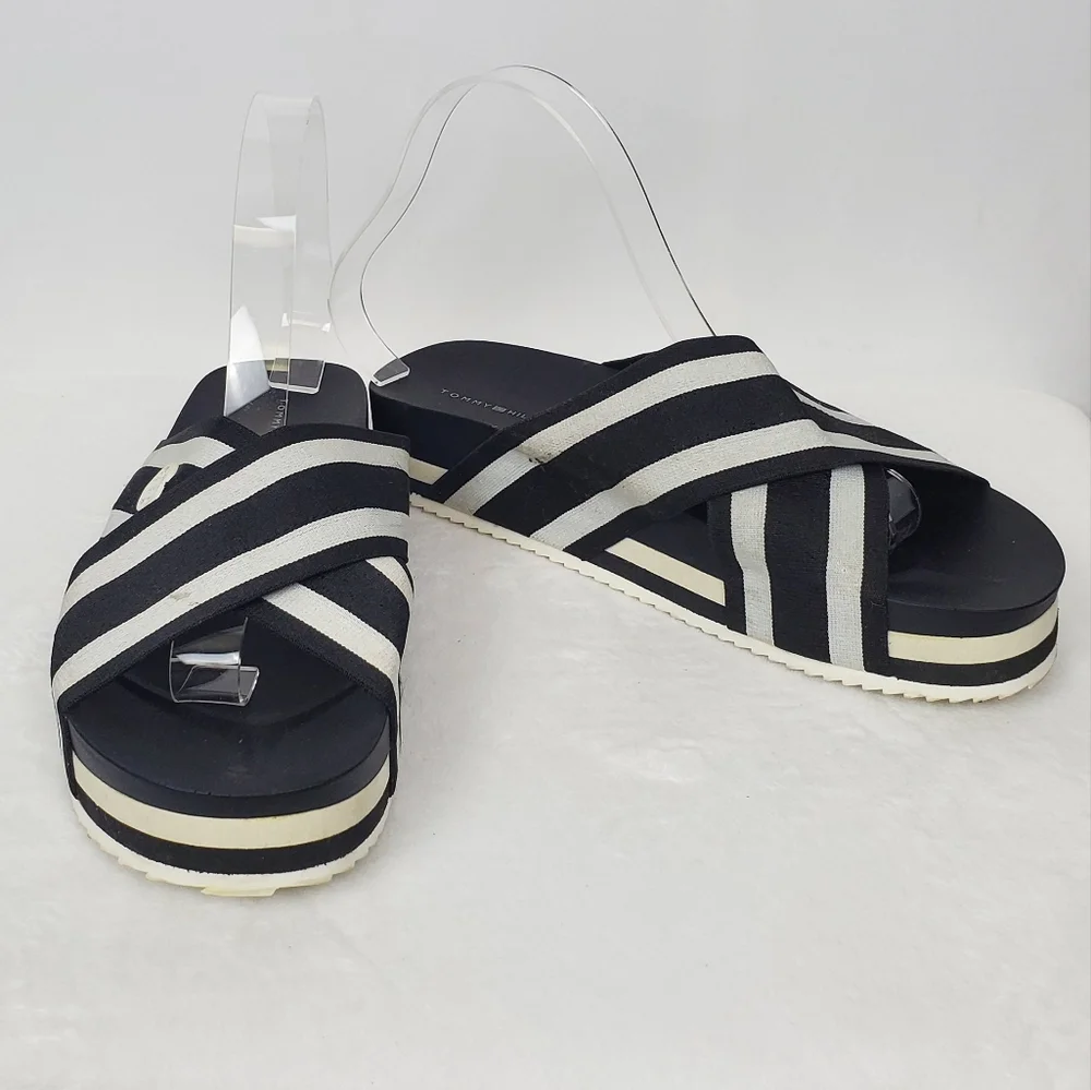 Tommy Hilfiger Black and White Striped Sandals 7.5